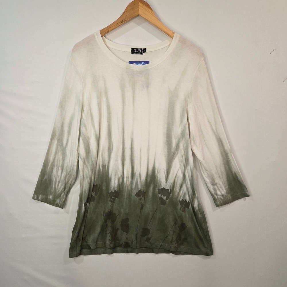 Art of Cloth Trina Top Womens Large Sage Green Hand Dyed Floral 3/4 Sleeve NWT